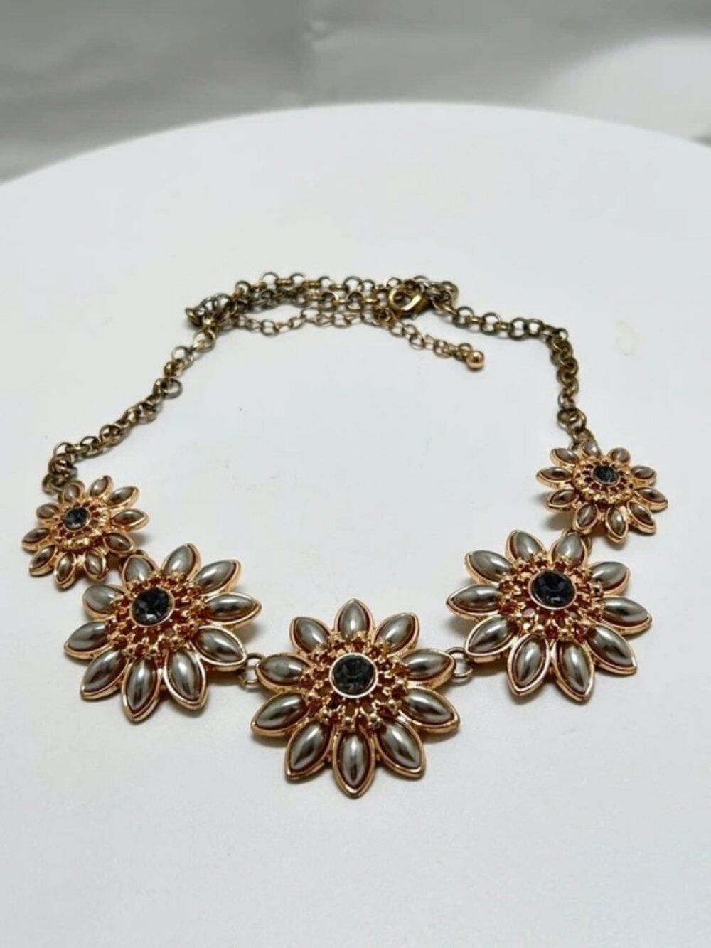 Gold Floral Necklace With Gray Pearly Acrylic Petals And Gray Crystal Centers 🟡